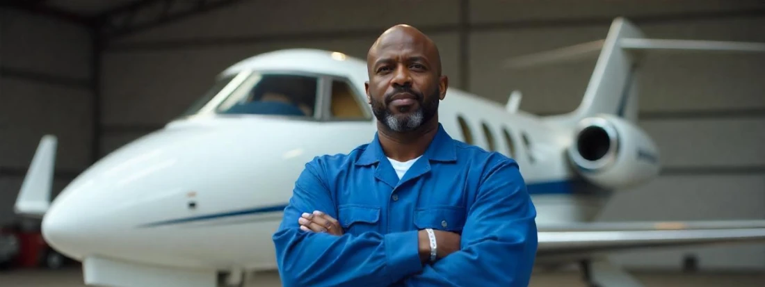 mechanic in front of white airplane